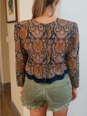 Vtg Karin Stevens Cropped Top Sz 14M Boho Button Mixed Media Paisley Velvet Trim